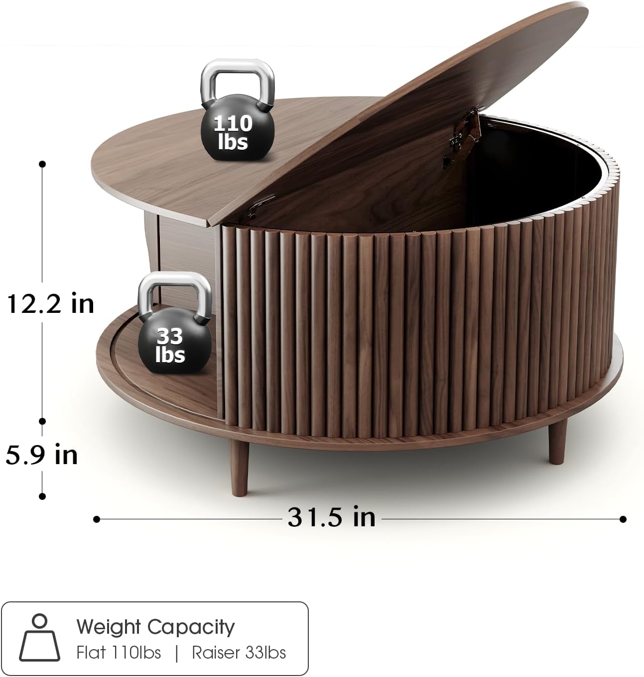 Round Coffee Table with Storage,31.5" Mid Century Modern Coffee Table with Hidden Compartment,Fluted Center Table for Living Room,Home Small Space,Walnut