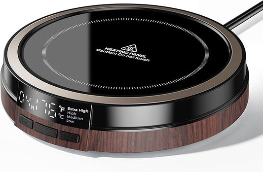 Coffee Mug Warmer for Desk, 50W Fast Heating Cup Warmer with Smart Display, 4 Temps & 12H Timer, Auto Shut Off for Tea, Milk, Hot Drinks - Wood Effect