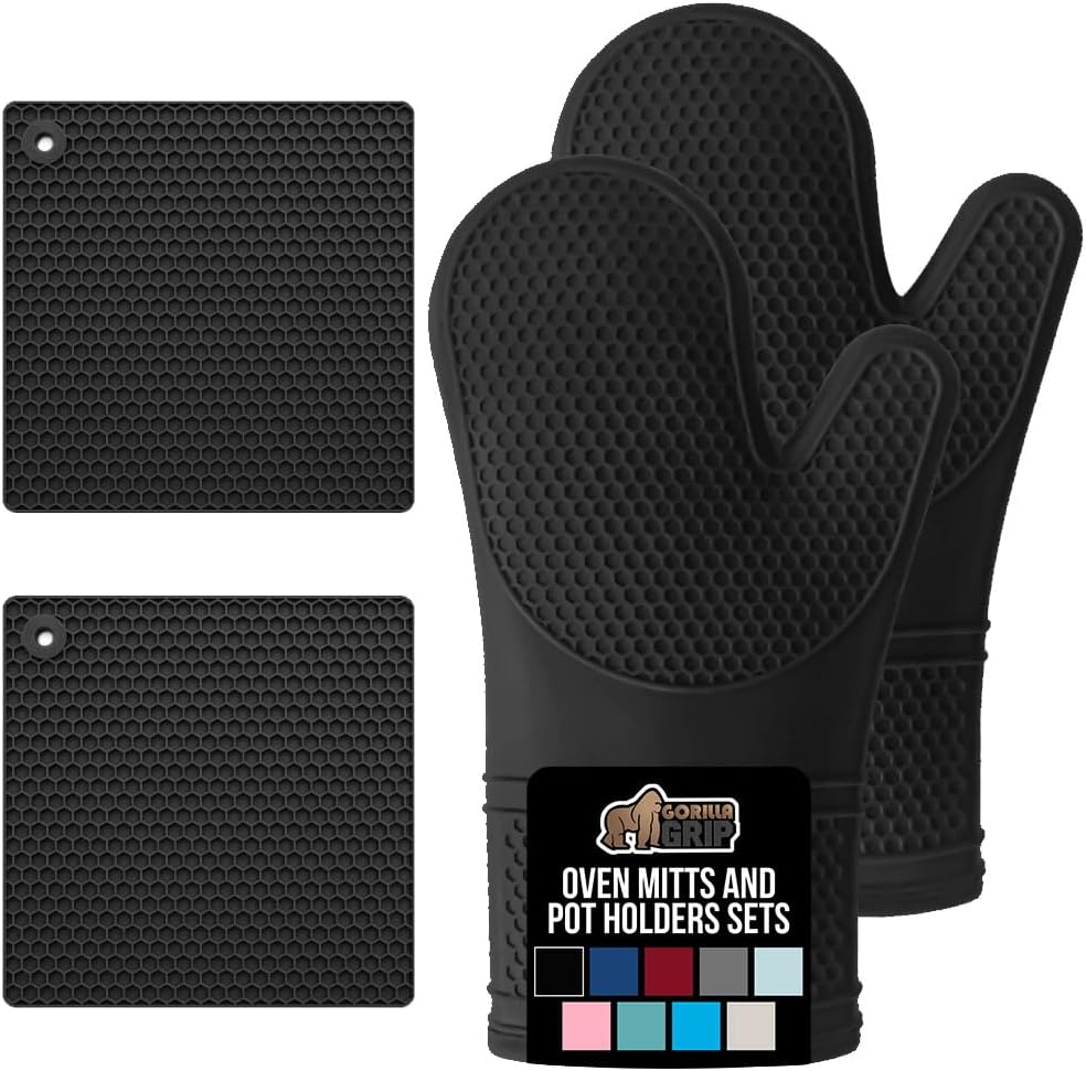 GORILLA GRIP BPA-Free Soft Silicone Oven Mitts and Pot Holders Sets of 4, Heat Resistant Waterproof Cooking Gloves, Thick Cotton Lining, Flexible Gripping for Baking Grilling, Kitchen Trivets, Black
