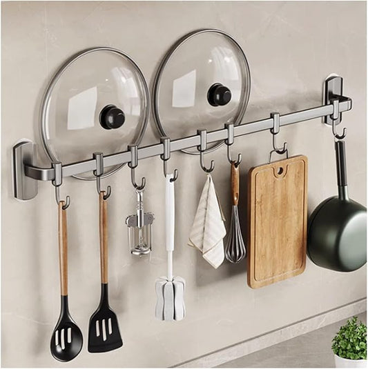 Rail Rack Organizer Self Adhesive Kitchen Utensil Rack Aluminum Wall Mounted Hanging Rail 8 Removable Hooks Pots Pans Spoons Knives,Grey,45cm