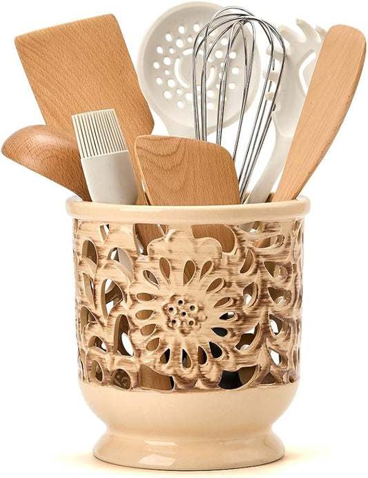 Farmhouse Kitchen Utensil Holder for Countertop, Ceramic Large Cooking Utensil Crock with Cork Mat, Decorative Rustic Utensil Holder for Kitchen Counter, Hollow Carving Flower, Beige