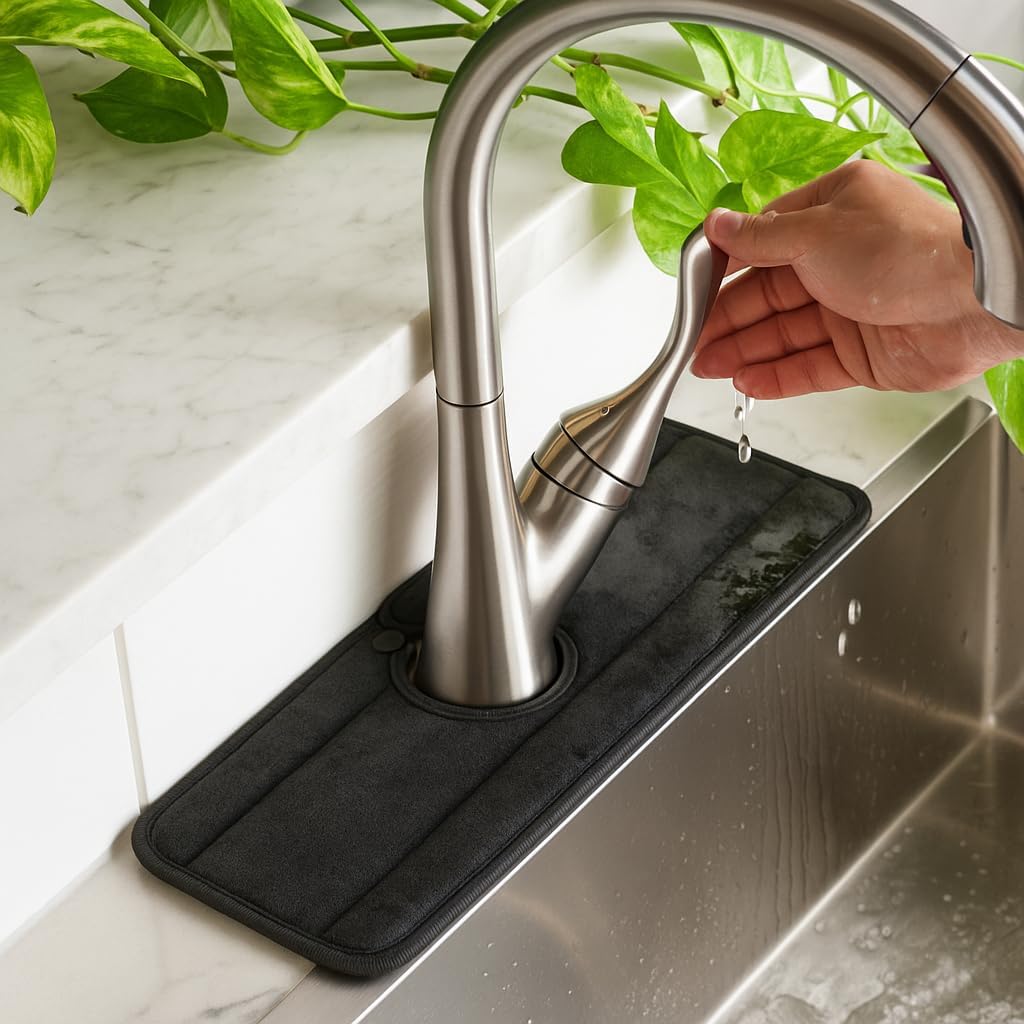 The Original Ternal Sinkmat Drip Catcher & Splash Guard, Faucet Mat for Sinks – Absorbent Microfiber, Machine Washable Counter Protector & Drying Mat for Kitchen, Bathroom or RV [Black, 15in, 1 Pack]