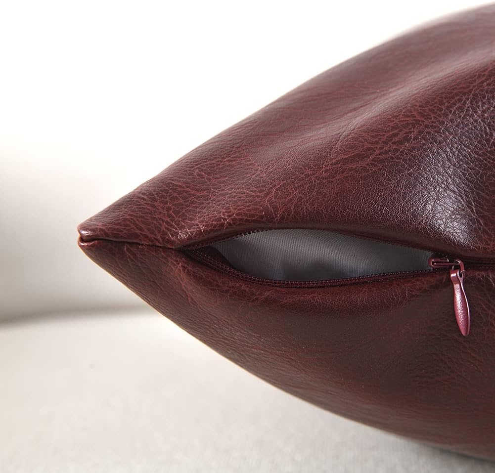 Fancy Homi Burgundy Long Lumbar Faux Leather Decorative Throw Pillow Covers 12x24 Inch for Living Room Couch Bed, Modern Farmhouse Boho Home Decor, Wine Red Hand Stitched Cushion Case 30x60 cm