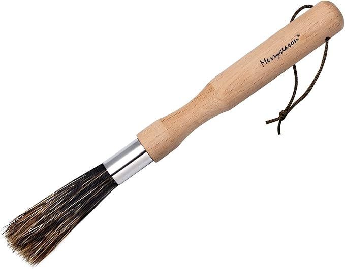 Coffee Grinder Cleaning Brush - Espresso Maker/Machine Cleaner Tool for Home Kitchen Barista - Beechwood Wood Handle, Natural Boar Bristles, Leather Hanging Loop, 8"