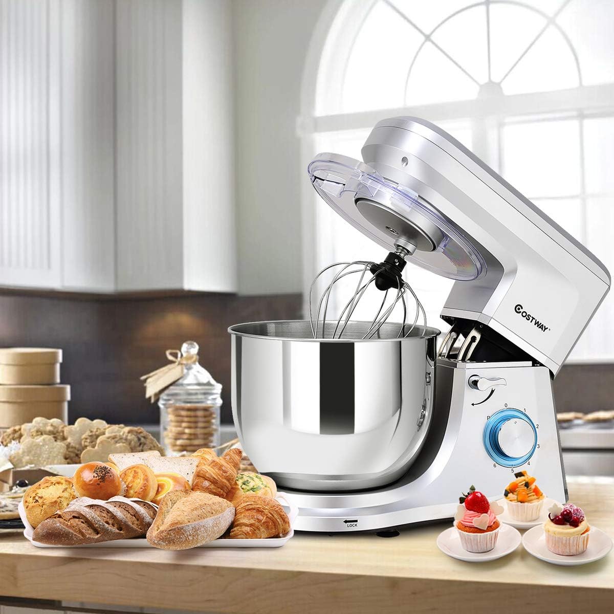 COSTWAY Stand Mixer, 7.5-Quart 660W 6-Speed Electric Mixer with Stainless Steel Bowl, Tilt-head Food Mixer with Dough Hook, Beater, Whisk (Sliver)