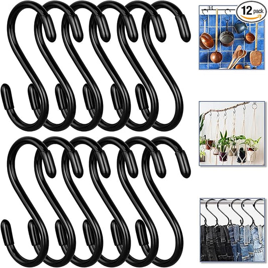 Vinyl Coated S Hook, Hanging Plants,Non Slip,Small Rubber Coated Steel Metal Black Closet S Hook for Hanging Jeans Plants Jewelry Pot Pan Cups Towels (12, 3 Inch+Black + Vinyl Coating)