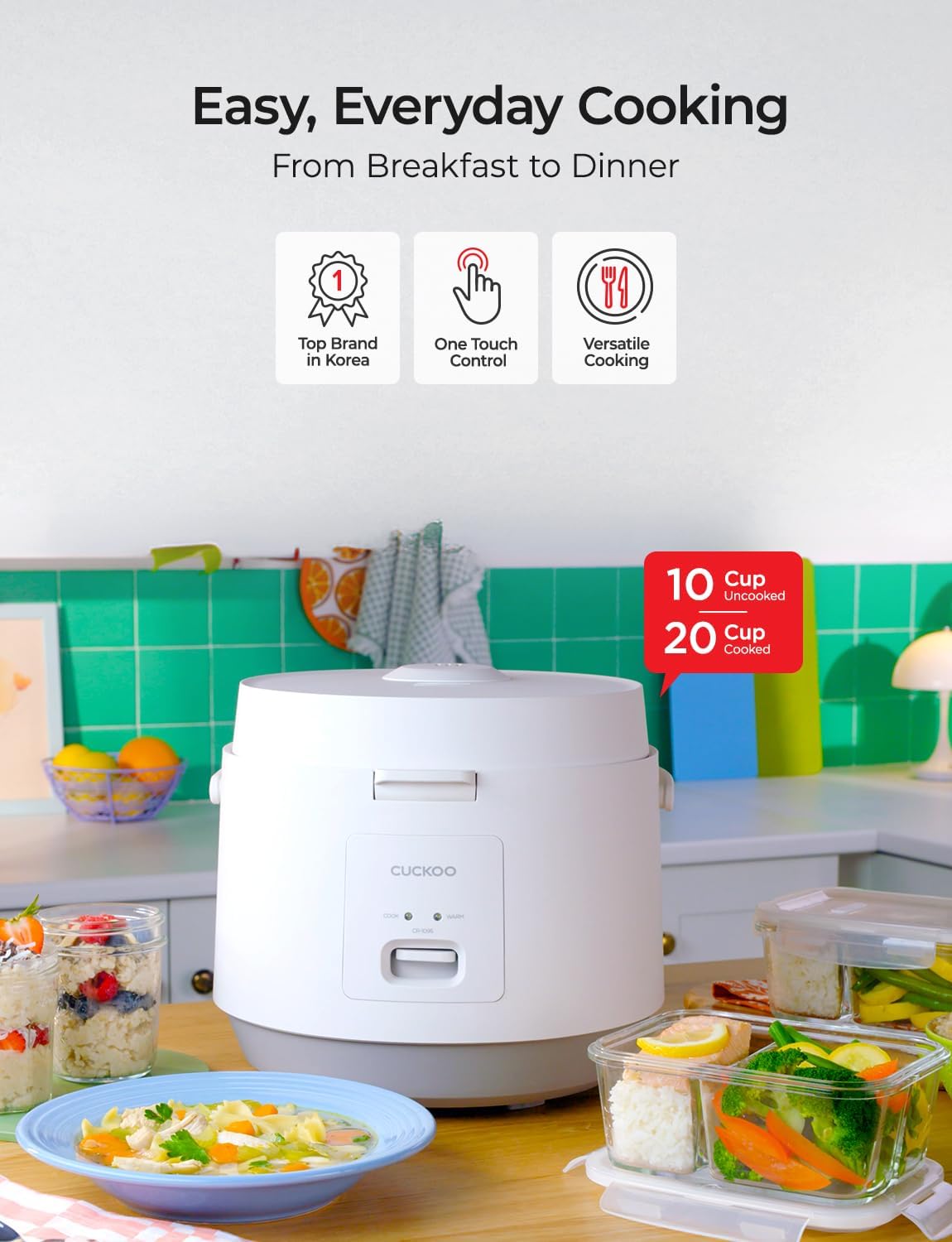 CUCKOO CR-1095 10-Cup (Uncooked) / 20-Cup (Cooked) Basic Rice Cooker and Warmer with Nonstick Inner Pot, Switch Press (White)