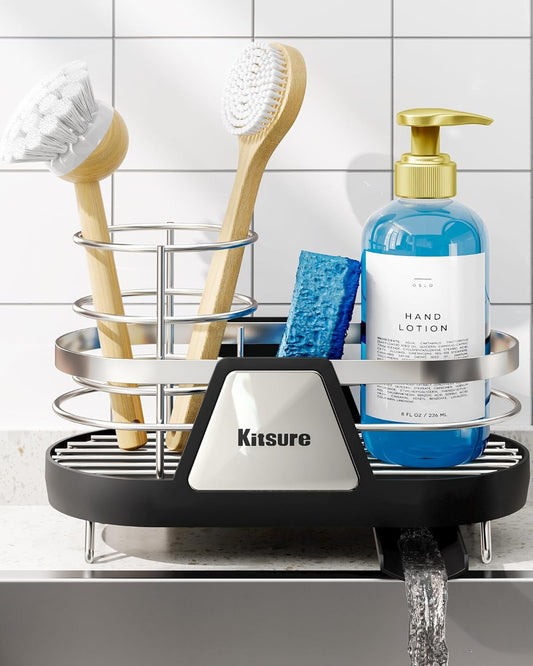Kitsure Sponge Holder for Kitchen Sink - Space-Saving Kitchen Sink Caddy, Rustproof Metal Organizer with Removable Brush Holder, 7.9"×3.9"×5.3", Black