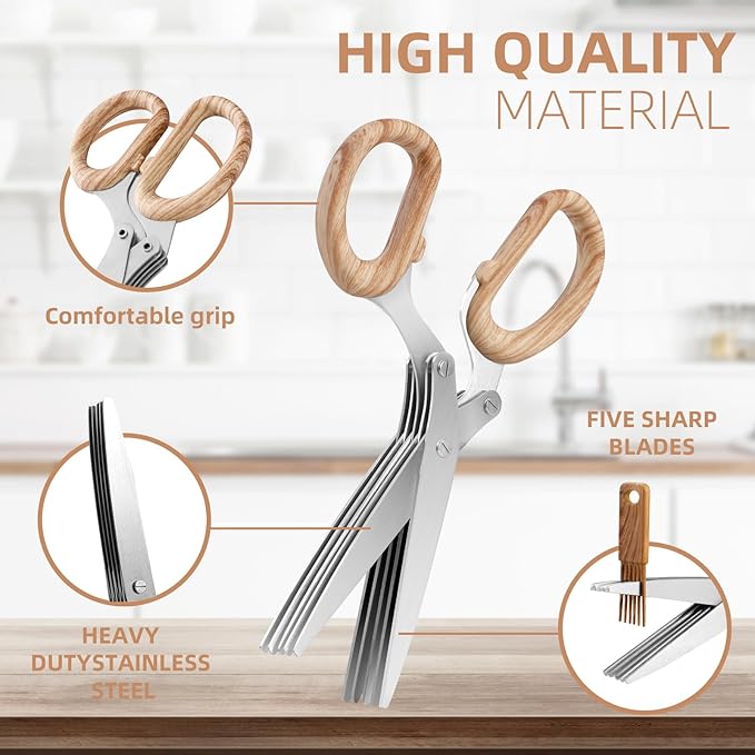 2025 New Herb Scissors Set - Wood Grain Pattern 5 Blades with Cover and Comb - Skin-Friendly Handle, Delicate Grip - Dishwasher Safe, Anti-Rust Stainless Steel for Cutting Fresh Garden Herbs
