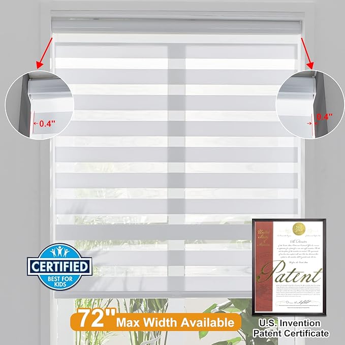 Persilux Cordless Zebra Blinds for Windows Free-Stop Window Blinds (35" W X 47" H, White) Dual Layer Light Control for Day and Night, Light Filtering Sheer Shades for Home, Bedroom, Easy to Install