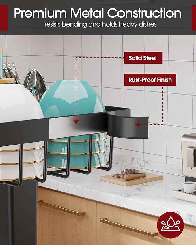 Over The Sink Dish Drying Rack - Adjustable 2 Tier Large Capacity Stainless Steel Drainer with Cutlery & Utensil Holders, Kitchen Storage & Organization, 30"-33.9" L x 11" W x 21.5" H, Black
