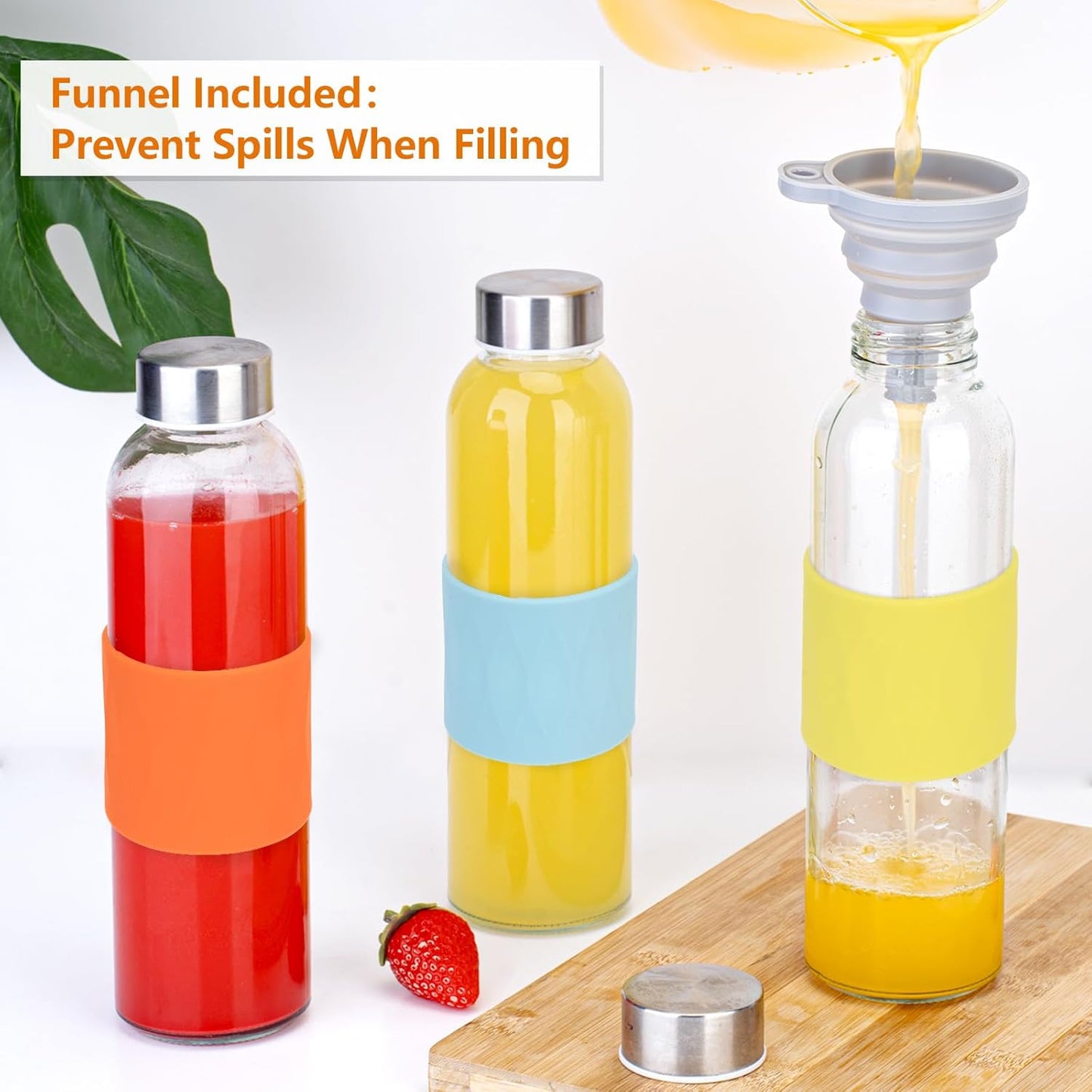 Zukro Glass Water Bottles with Lids 18 oz, Reusable Clear Juice Bottles Stainless Steel Airtight Cap for Juicing, 100% Leak Proof Juice Drinking Jar With Sleeve for Refrigerator, BPA Free, Set of 10