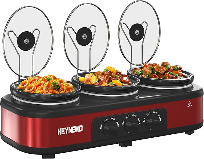 Triple Slow Cooker, 3 x 1.5 QT Portable Small Dual Crock Cooker, Buffet Servers and Warmers Dishwasher Safe, Removable Ceramic Pot Glass Lid, Stainless Steel, Red