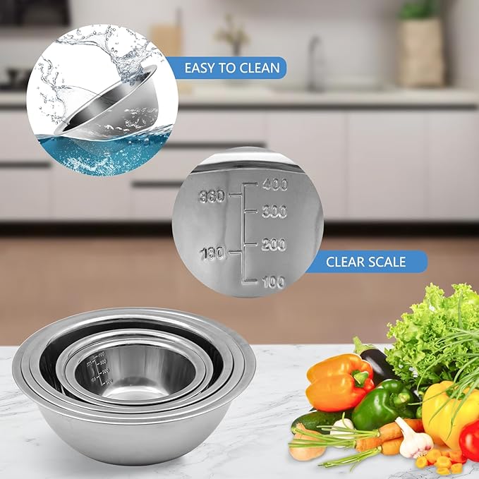 Mixing Bowl Set of 5, Stainless Steel Mixing Bowls, Nesting Whisking Bowl Set for Cooking, Baking, Serving, Food/Salad Prep