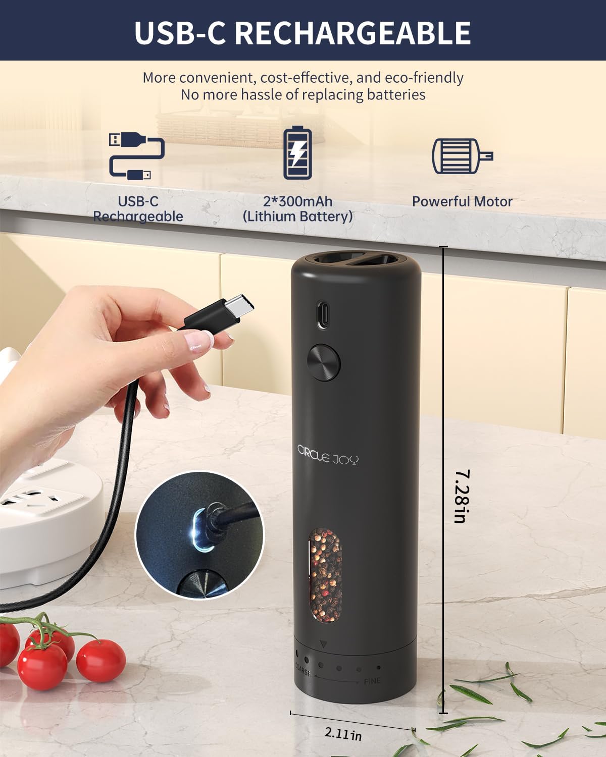 CIRCLE JOY Electric Pepper Grinder Rechargeable, Automatic Pepper Mill with 110ml Container, External Adjustable Coarseness, White Led Light and One-Handed Operation, Black