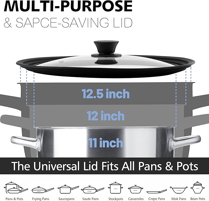 Anaeat Silicone Universal Lid for Pots, Pans and Skillets - Tempered Glass Covered with Heat Resistant Silicone Rim Fits 11", 12" and 12.5" Diameter Cookware -Easy to Use Replacement Frying Pan Cover