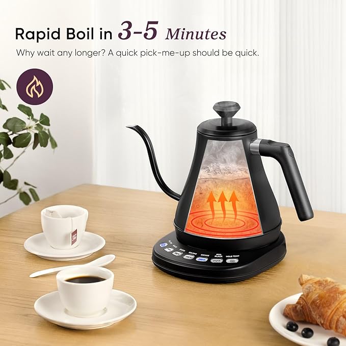 COSORI Electric Gooseneck Kettle with 5 Temperature Control Presets, Pour Over Kettle for Coffee & Tea, Hot Water Boiler, 100% Stainless Steel Inner Lid & Bottom, 1200W/0.8L