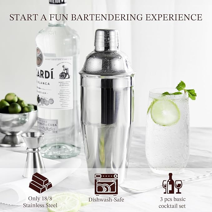 Cocktail Shaker, KITESSENSU 24oz Drink Shaker with Bartender Strainer, Measuring Jigger, Bar Mixing Spoon, Cocktail Recipe Guide, Professional Drink Mixer Set for Beginners, Silver