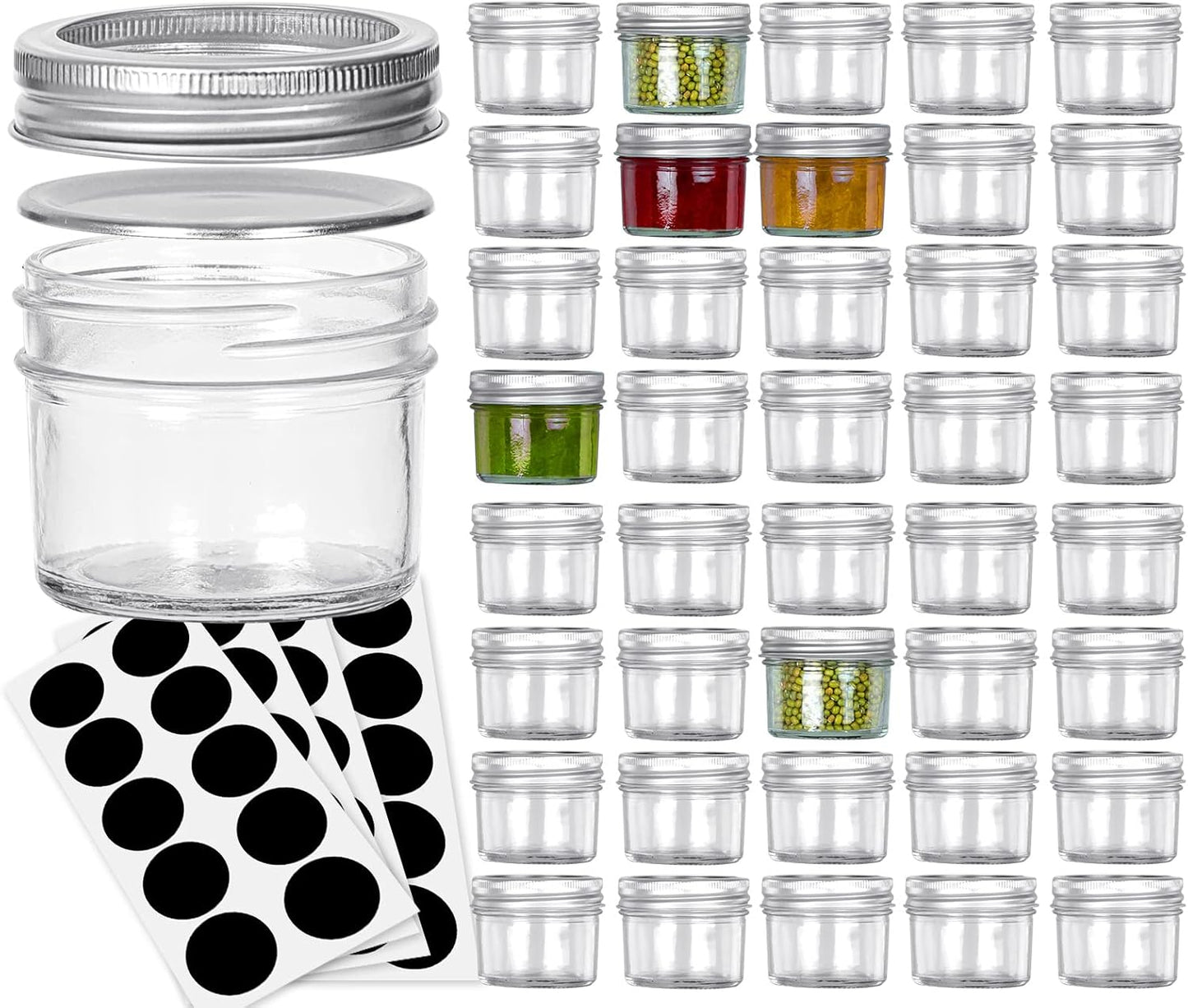 VERONES Mason Jars, 4OZ Canning Jars With Regular Lids and Bands, Ideal for Jam, Honey, Wedding Favors, Shower Favors, DIY Spice Jars, 40 PACK