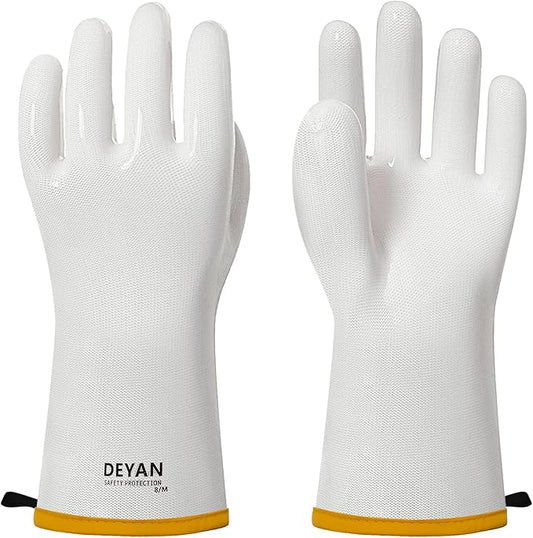 DEYAN Silicone BBQ Gloves - 600°F Heat Resistant Oven Mitts for Grilling, Smoking & Baking - Waterproof, Oil Proof Non-Slip Kitchen Gloves for Cooking, Frying, BBQ Accessories (White, 10/XL)