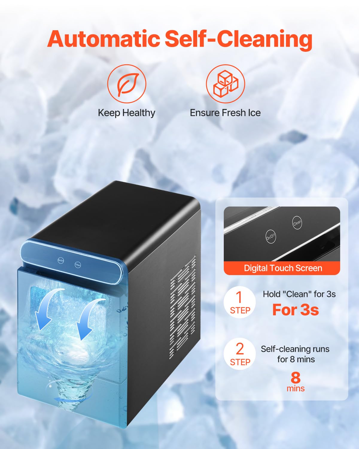 VEVOR Nugget Ice Maker, 37lbs/24H, with Self Cleaning, with Ice Scoop and Basket, Stainless Steel Ice Machine with Convenient Ice Transfer for Home Kitchen Office