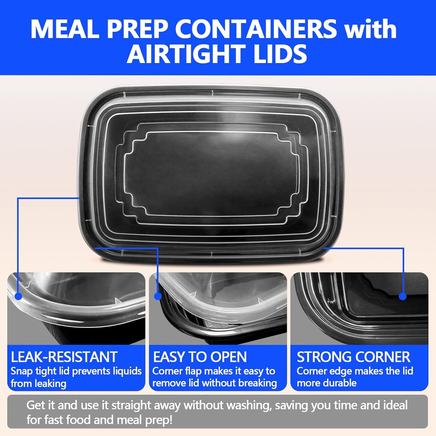 50 Pack (100-Piece) - 24oz Meal Prep Containers Salad & Snack Storage for Lunch | BPA Free & Leakproof Food Containers | To Go Take Out Plastic Bento Box | Microwave, Freezer, Dishwasher Safe
