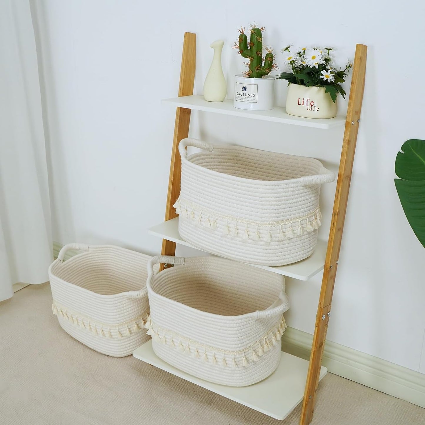 TeoKJ White Cotton Rope Baskets for Storage, Set of 3 Woven Clothes Basket for Organizing and Storage, Blanket Basket for Living Room Laundry Bathroom Shelves