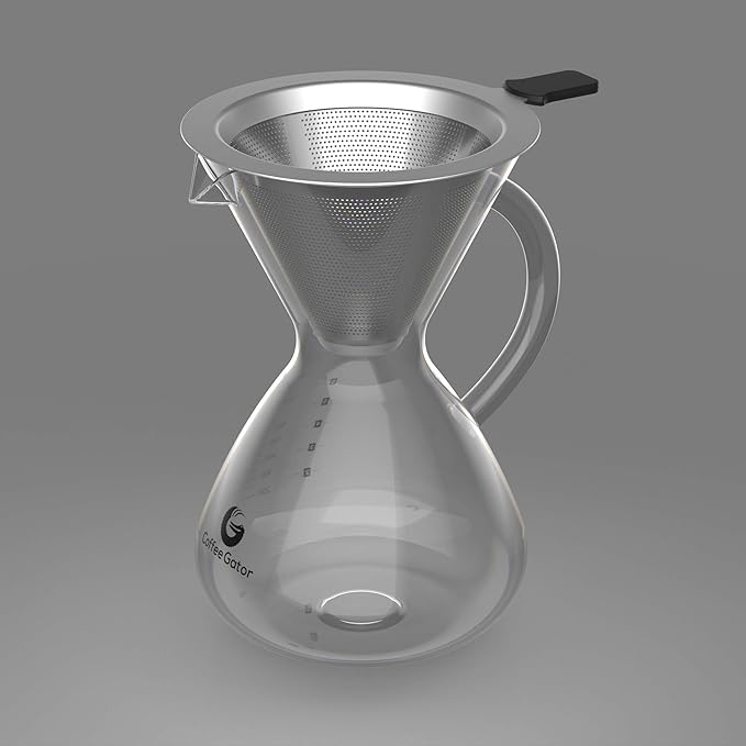 Coffee Gator Pour Over Coffee Maker - 27oz High Heat Borosilicate Glass with Reusable Stainless Steel Filter, Drip Coffee Brewer Dripper Set Carafe, 800ml Clear