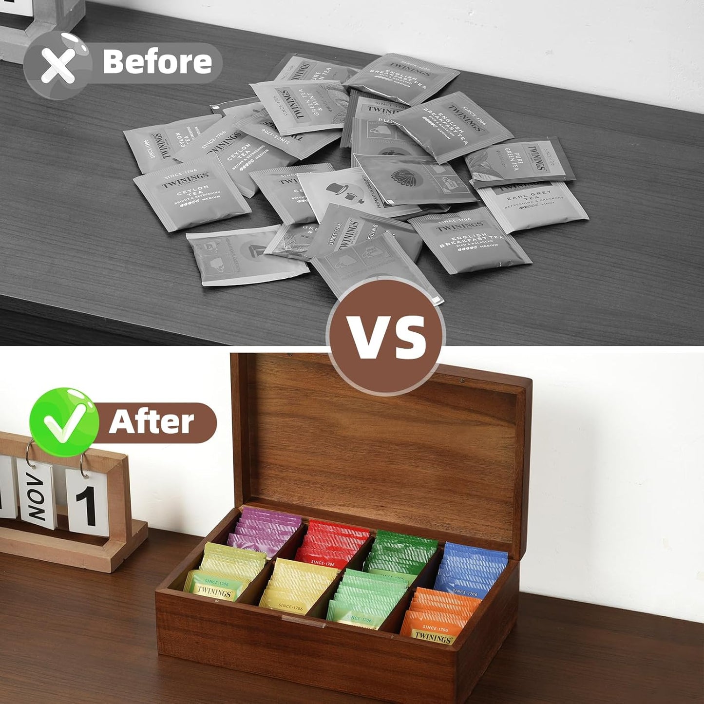 Acacia Wood Tea Bag Organizer, 8 Compartments Tea Box Organizer Storage Box, Tea Box for Tea Bags Chest, Tea Bag Holder with Magnetic Lid for Beverage Supplies, Sugar, Sweeteners, Individual Packets