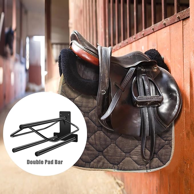 4 Sets Wall Mounted Saddle Rack With Double Pad Bar - Heavy Duty Stand for English and Western Saddles - 23.8x12.6x7.5 Inches