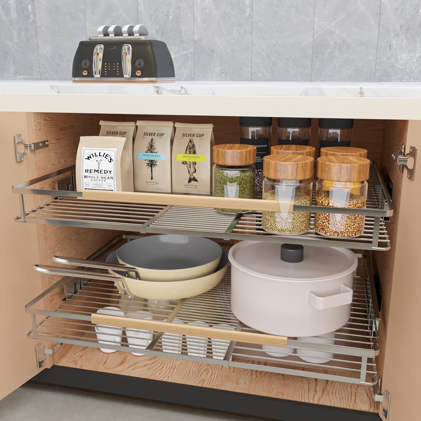 1Pack Expandable Pull Out Cabinet Organizer, Slide Out Drawers for Kitchen Cabinets, Heavy Duty Drawer Slides for Home Kitchen Pantry Cupboard Pots Pans, Adjustable Width 16.2"~26.2" W x 17.3''D
