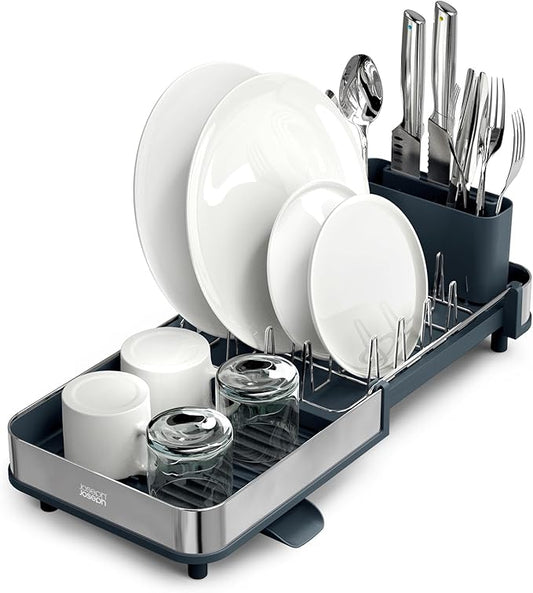 Joseph Joseph Extend Slim Steel Expandable Dish Drying Rack with Removable Cutlery Holder and Swivel Draining Spout, Compact Design, Grey