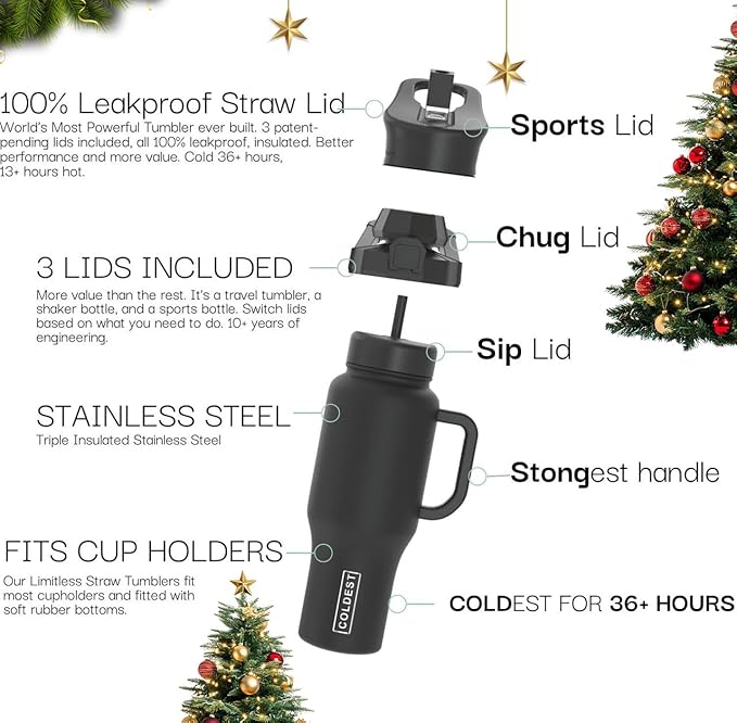 Coldest Tumbler with Handle and Straw - 100% Leak Proof Insulated Tumbler with Lid and Straw (3 Lids) - Stainless Steel Tumblers for Women & Men - Cup Holder Friendly Base, 46 oz (Stealth Black)