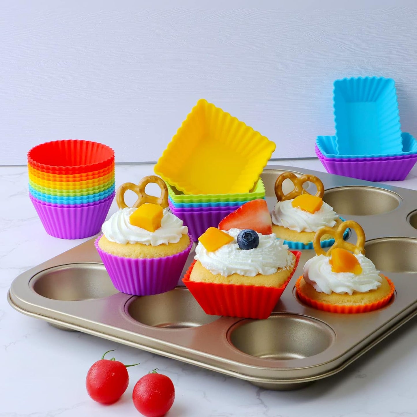 24-Pack Silicone Cupcake Liners, Reusable Muffin Cups – Round, Square & Rectangle Baking Cups, Non-Stick, Easy to Clean, Bento Box Accessories, Lunch Box Dividers for Kids(24 Liners + 20 Animal Picks)