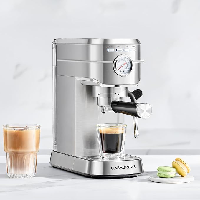CASABREWS CM5418 Espresso Machine 20 Bar, Compact Espresso Maker with Steam Milk Frother, Stainless Steel Coffee Machine with 34oz Removable Water Tank for Cappuccino, Small Latte Machine, Silver