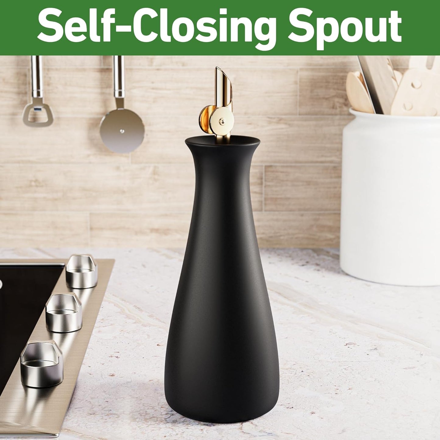HB Design Co. Ceramic Olive Oil Dispenser with Self-Closing Gold Spout - 530 ML Capacity Matte White Ceramic Oil Dispenser for Kitchen - Leak Proof EVOO Dispensing Bottle