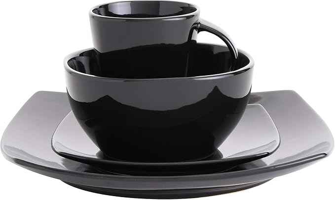 Gibson Elite Soho Lounge Square Reactive Glaze Stoneware Dinnerware Set, Service for 4 (16pc), Black