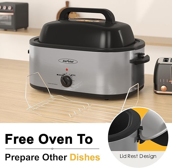 Sunvivi 28lb 24-Quart Roaster Oven, Electric Roaster Oven with Viewing Lid, Turkey Roaster with Unique Defrost/Warm Function, Large Roaster with Removable Pan & Rack, Stainless Steel, Silver
