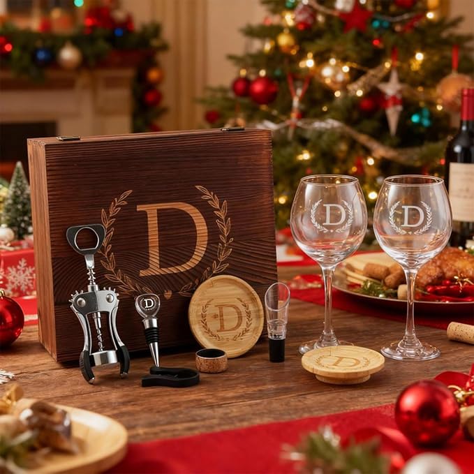 GZLDGIFTS Personalized Initial Wine Glasses Box Gift Set For Women Mom Engraved Birthday Monogrammed Wooden Christmas Wedding Anniversary Wine Couples Stopper Opener Initial Letterr (B Set)