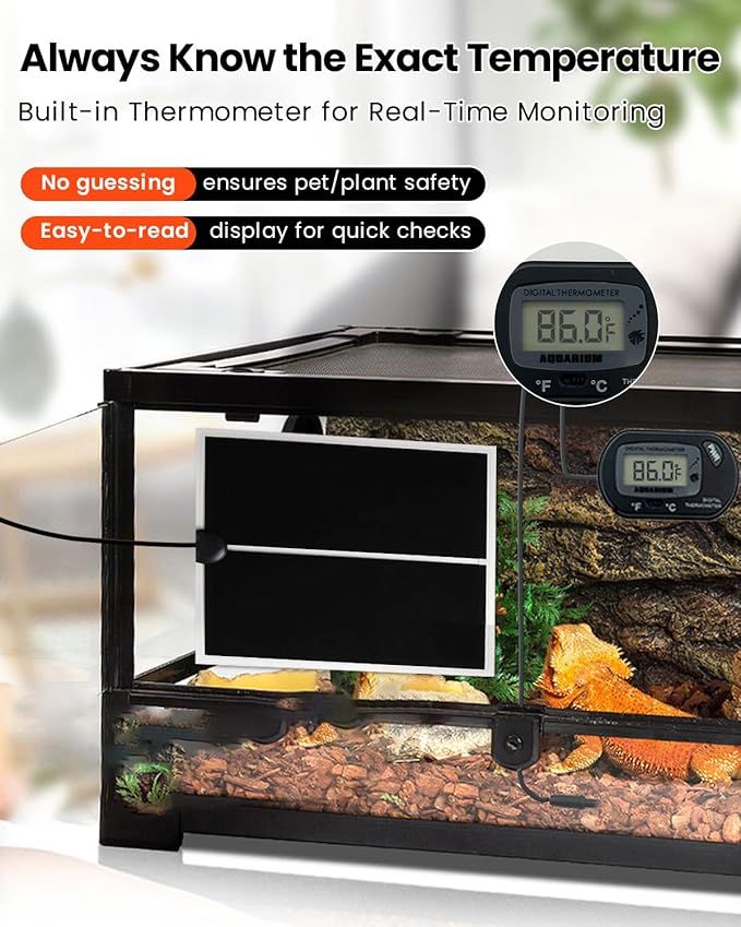 MQ Reptile Terrarium Heat Pad with LCD Digital Aquarium Thermometer, 11 x 16.5in Power Adjustment Under Tank Heater Mat for Pets, Small Animals, Seedling, 20W