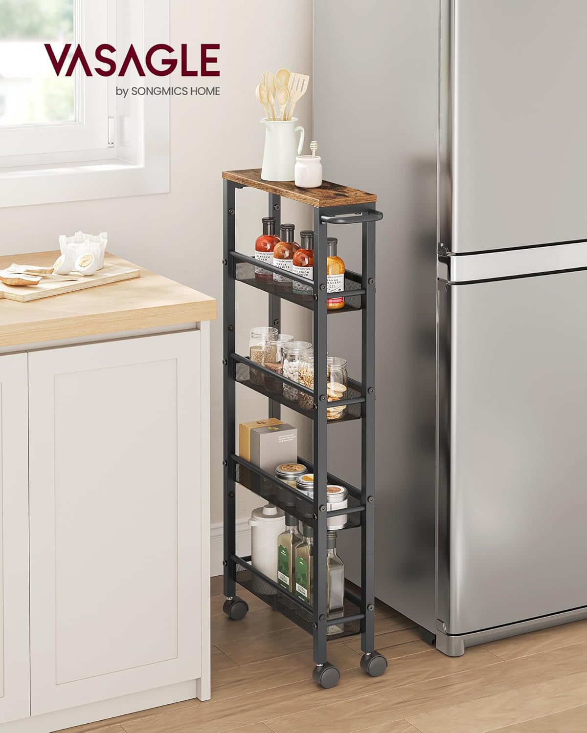 VASAGLE Slim Rolling Cart, 5-Tier Storage Cart, Narrow Carts with Handle, 5.1 Inches Deep, Metal Frame, for Kitchen, Dining Room, Living Room, Home Office, Rustic Brown and Classic Black ULRC034B01