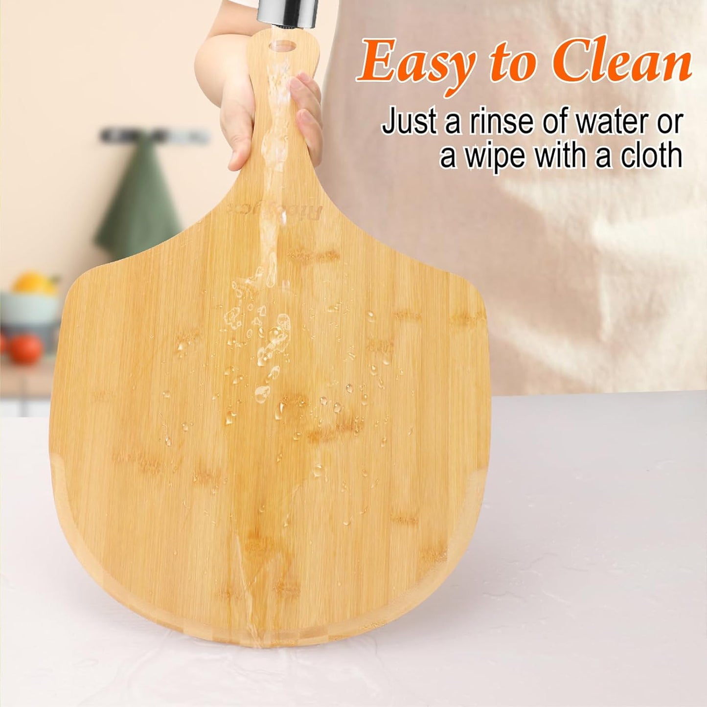 2 Pack Natural Bamboo Pizza Peel 14 inch, Wood Pizza Paddle, Cutting Board with Handle for Pizza, Bread, Cheese, Vegetable, Fruits