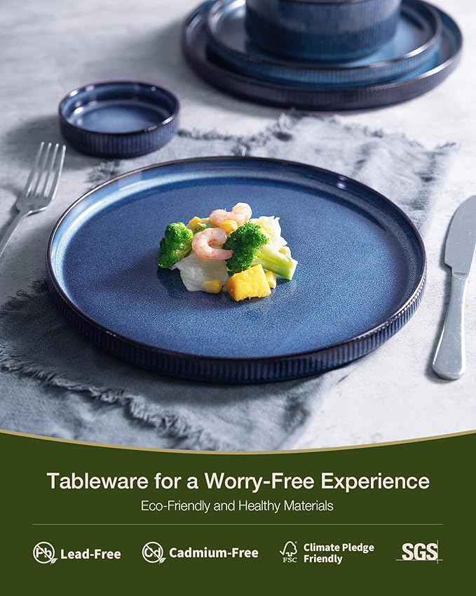 Famiware Star Dinnerware Set with Mugs, Service for 6 (24 Pieces), Ribbed Stoneware Plates and Bowls Dishes Sets - Chip & Scratch Resistant, Microwave & Dishwasher Safe, Nebulas Blue