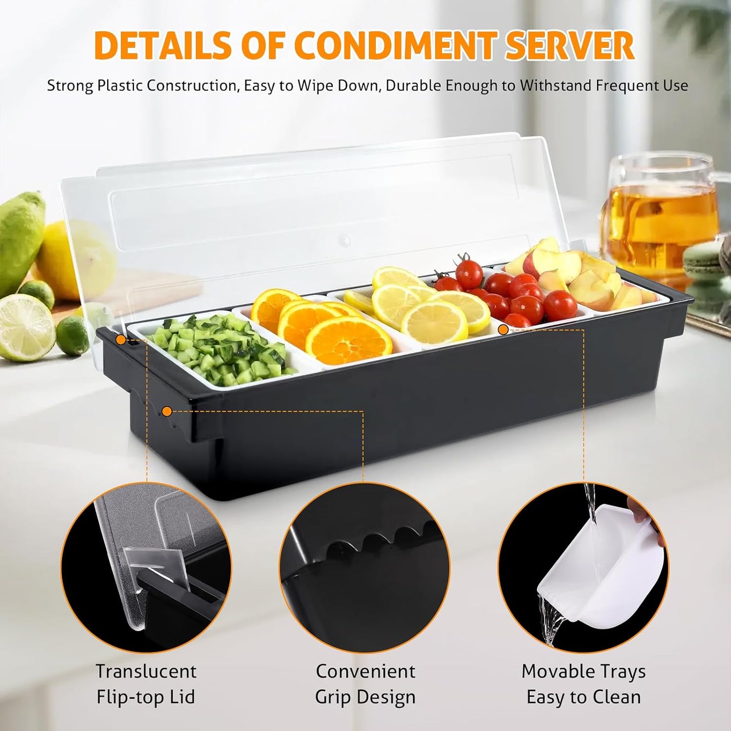 WICHEMI Fruit, Veggie & Condiment Caddy with Lid Dispenser Tray Garnish Station for Bartending & Serving Taco, Ice Cream, Salad Bar - Topping Organizer for Restaurant Supplies (5 Compartment, 2 Pack)