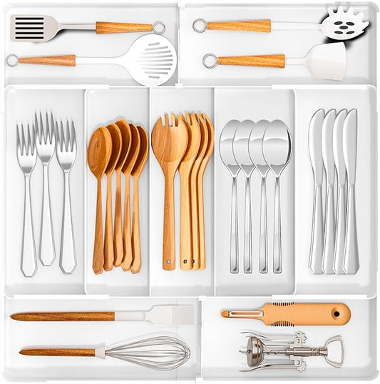 Jolitac Expandable Large Silverware Drawer Organizer - Adjustable Utensil Tray & Cutlery Holder, Plastic Storage for Spoons, Forks, Knives | Multipurpose Kitchen Organizers and Storage Solution, White