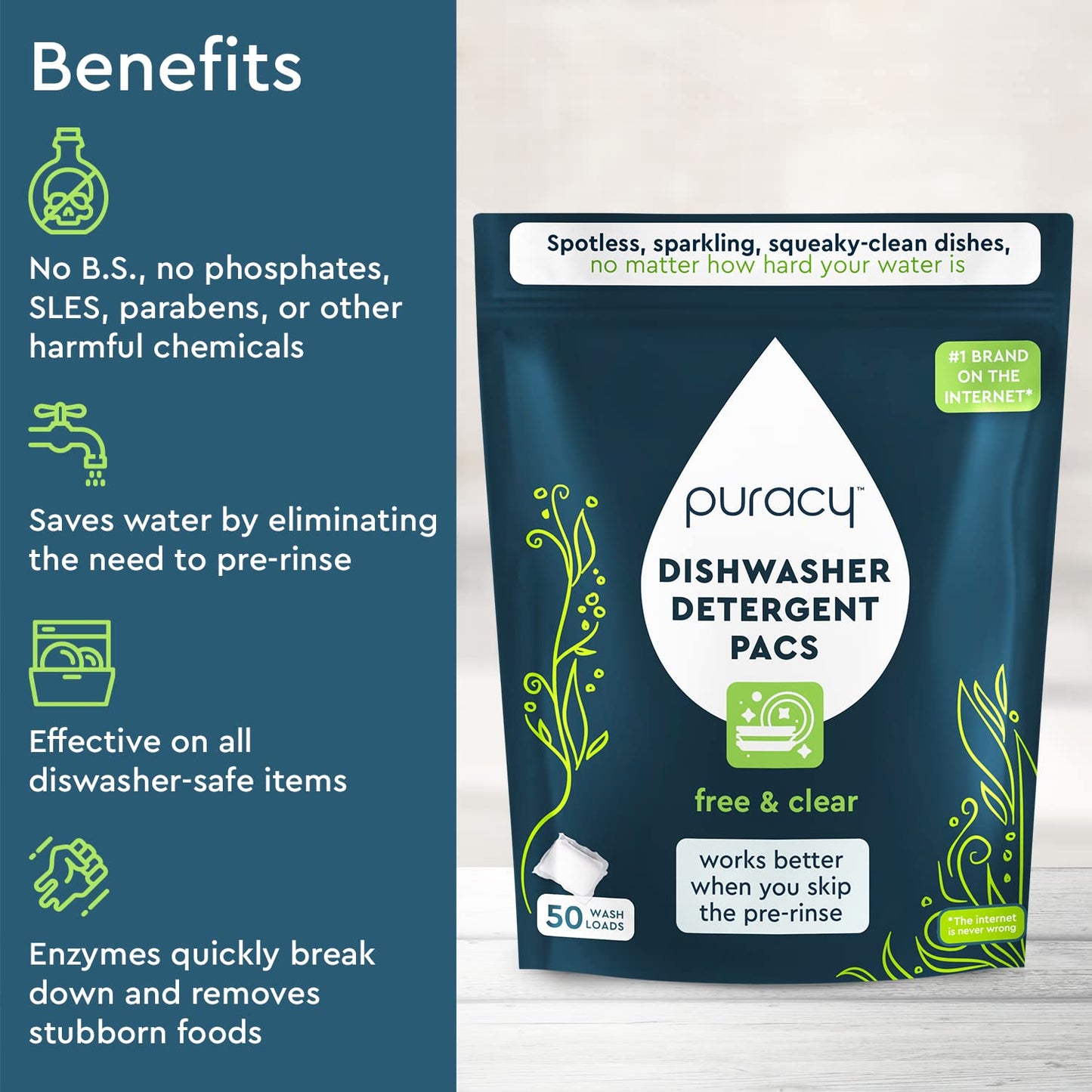 Puracy Dishwasher Pods, Natural Dishwasher Detergent, Free & Clear Dish tabs - Enzyme-Powered, Spot & Residue Free - TikTok Trend Items, Must Haves from TikTok Made Me Buy It (Free & Clear, 50 Count)