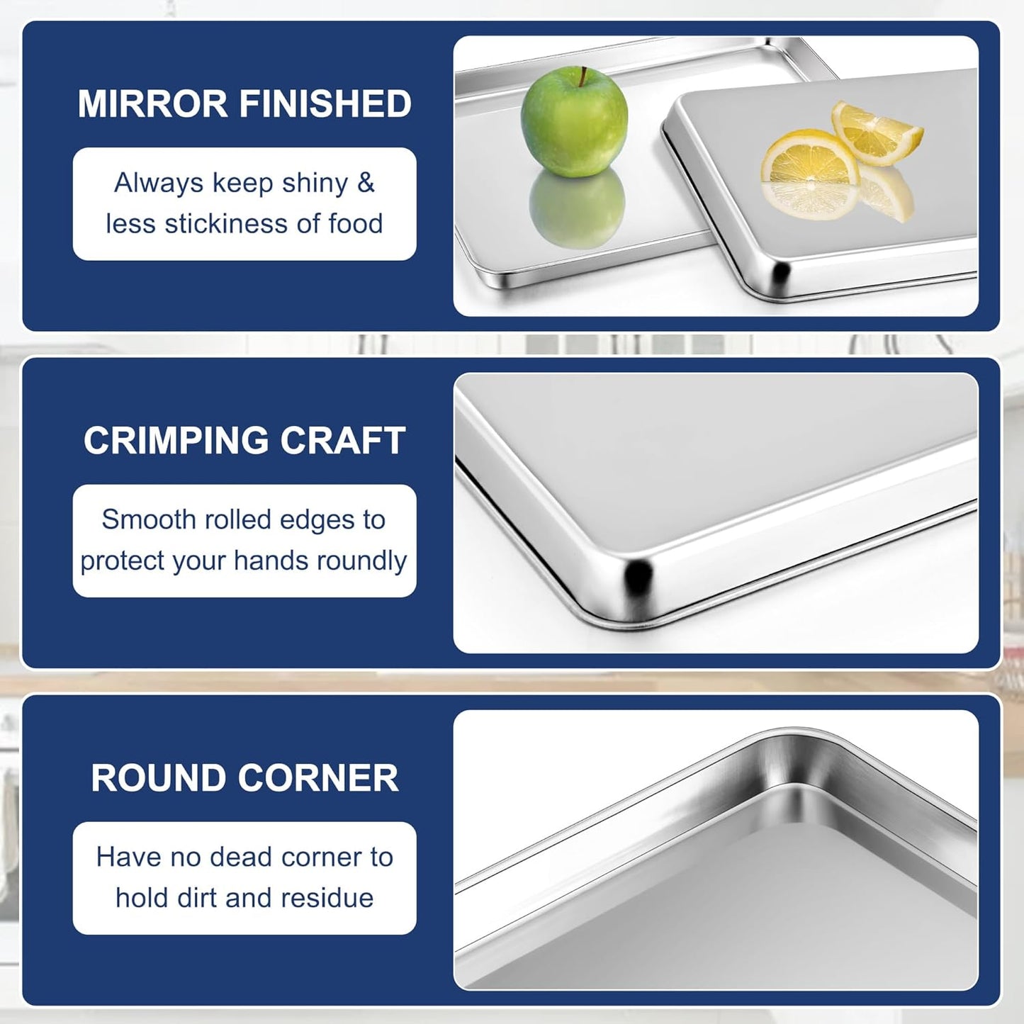 P&P CHEF 16 Inch Baking Cookie Sheet, Oven Pan Tray Stainless Steel Sheet Pan for Kitchen, Oven Bakeware for Multi Uses, Shiny Look & Dishwasher Safe, Healthy & Heavy Duty, 2Pcs