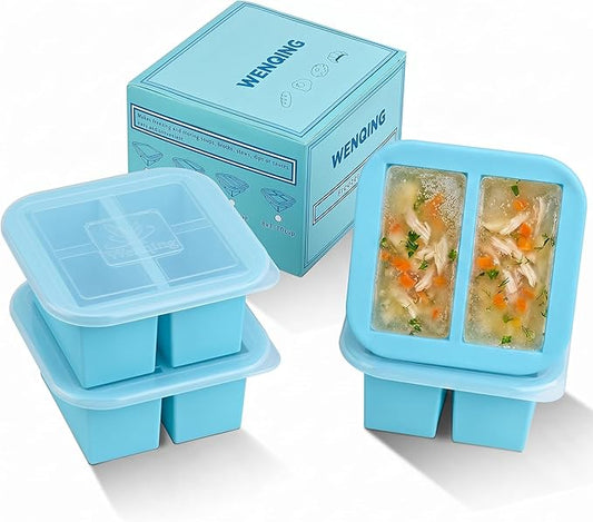 Silicone Freezer Tray with Lid 4 Pack Silicone Freezer Molds Ice Cube Tray Makes 8 Perfect 1 Cup Portions Soup Cubes Meal Prep Containers- Oven & Dishwasher Safe
