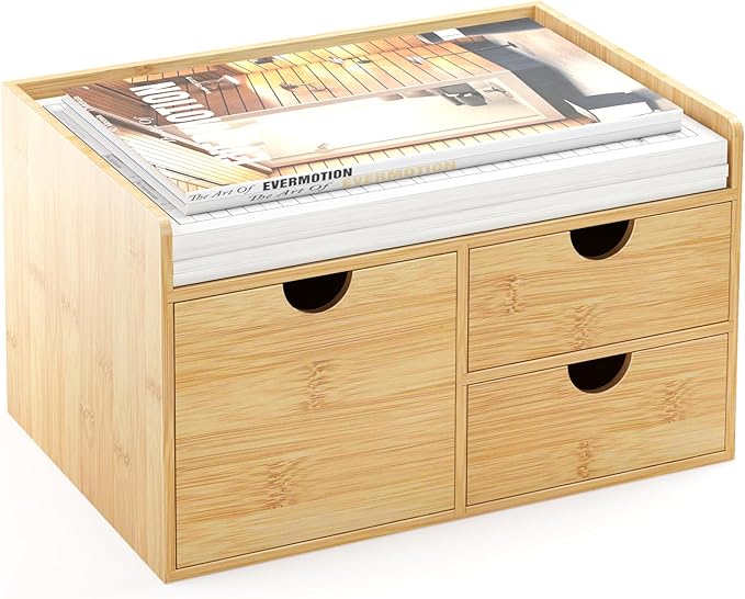 Wisuce Desk Organizer with Drawers - Bamboo Desktop Organizer Storage Natural Wood Desk Drawers Organizer for Bills, Office Supplies, Cosmetics, Seals No Assembly Required 3 Drawers（left-right)