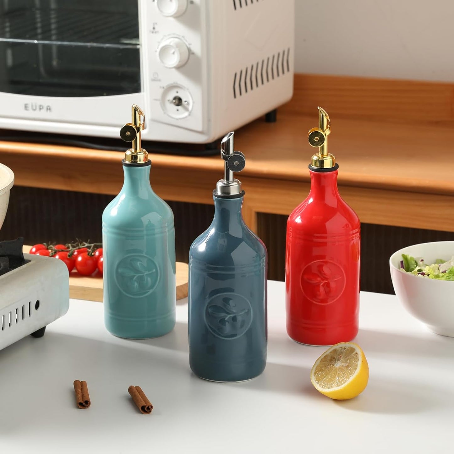 Sweejar 16 Oz Ceramic Olive Oil Dispenser Bottle, Oil Dispenser for Kitchen with Gravity Spout, Relief Opaque Vinegar Container for Evoo, Soy Sauce, 1 Pack(Red, Gold Spout)